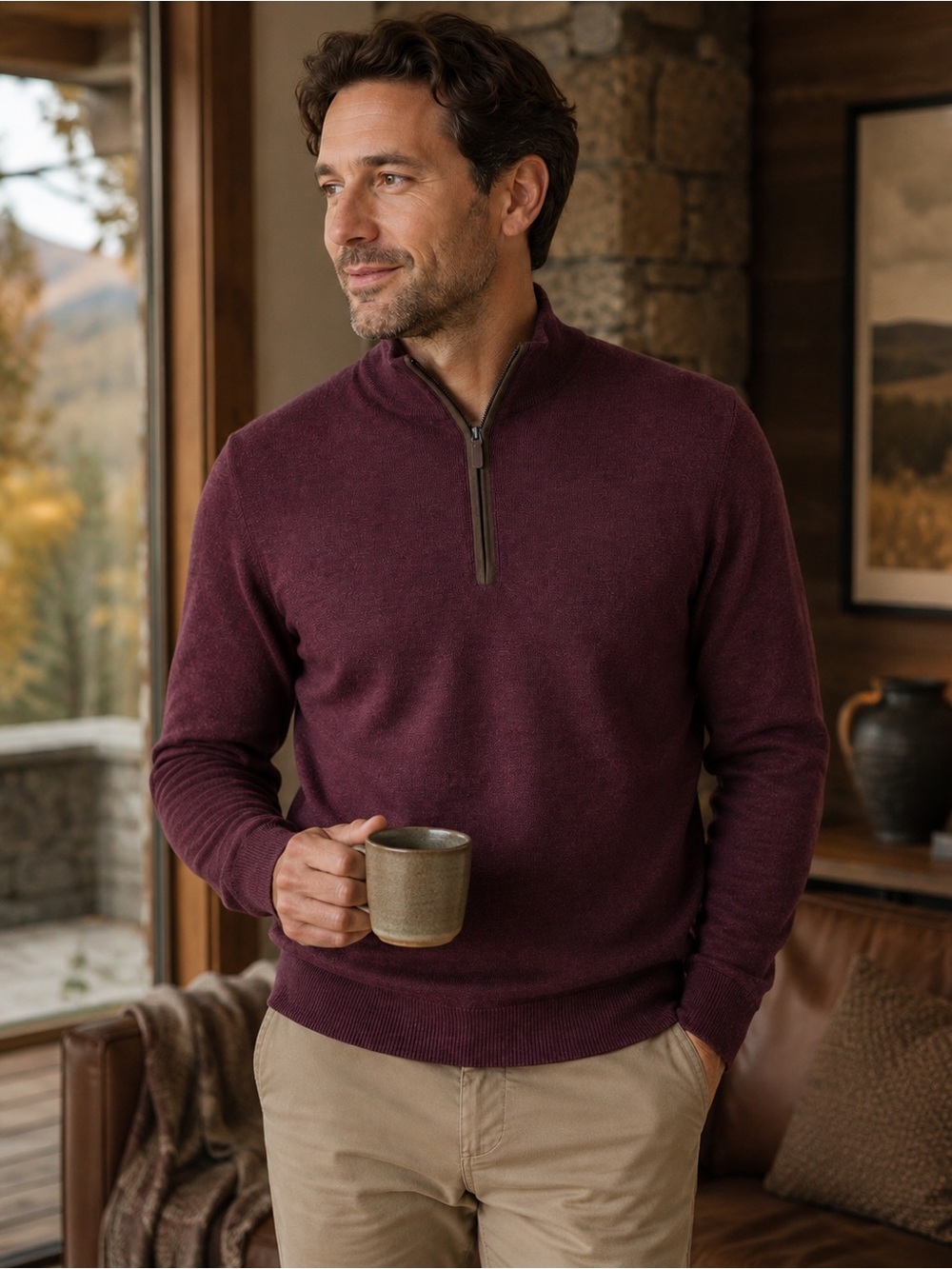 Hart Schaffner Marx 100% Merino Wool Quarter Zip Sweater Merlot Heather M NWT